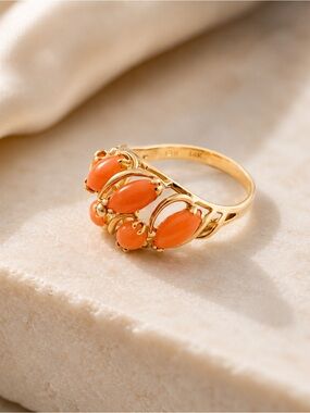 Beautiful Vintage Coral Ring in 14KT Gold Marquise Cluster Ring